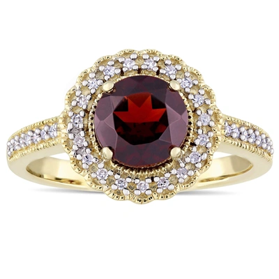 Mimi & Max 1/8 Ct Tw Diamond And Garnet Halo Ring In Yellow Plated Sterling Silver In Red