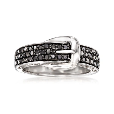 Shop Ross-simons Black Diamond Buckle Ring In Sterling Silver