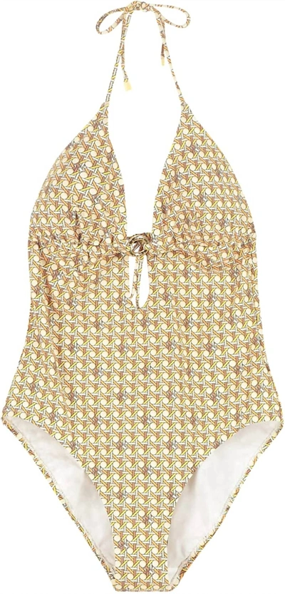 Shop Tory Burch Women Printed Ring Halter Tie Strap One-piece Swimsuit 3d Checkered In Lime In Gold