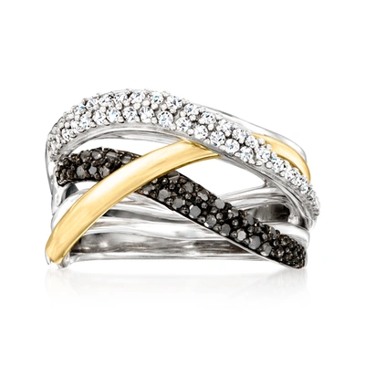 Ross-simons Black And White Diamond Highway Ring In Sterling Silver And 14kt Yellow Gold