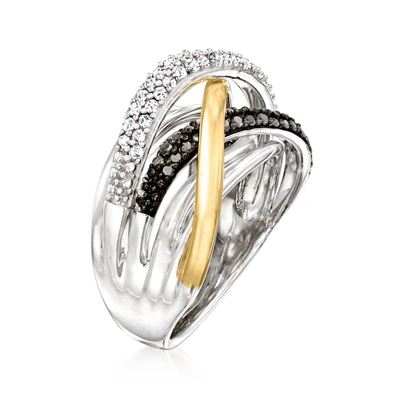 Ross-simons Black And White Diamond Highway Ring In Sterling Silver And 14kt Yellow Gold