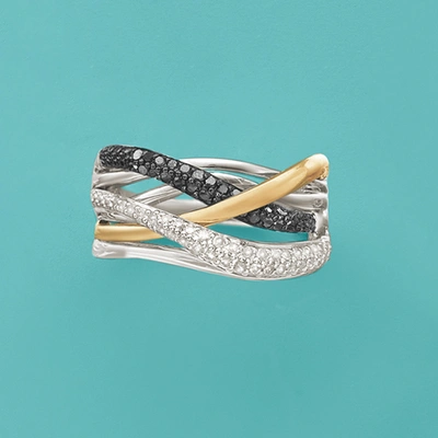 Ross-simons Black And White Diamond Highway Ring In Sterling Silver And 14kt Yellow Gold