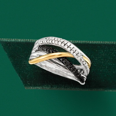 Ross-simons Black And White Diamond Highway Ring In Sterling Silver And 14kt Yellow Gold