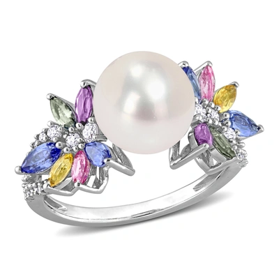 Shop Mimi & Max 9-9.5 Mm Cultured Freshwater Pearl And 1 3/4 Ct Tgw Multi Sapphire (light Blue, White, Yellow, Pink,