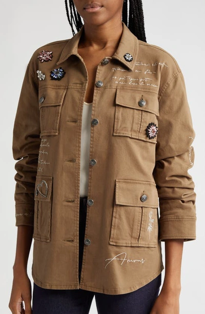 Shop Cinq À Sept Love Letter Vera Embellished Stretch Cotton Safari Jacket In Olive/ Gilver