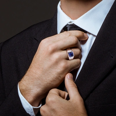 Mimi & Max 3ct Tgw Created Sapphire And Diamond Accent Men's Ring In 10k White Gold In Blue