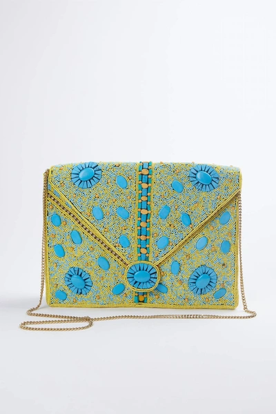 Shop Ethnique Vasant Handmade Beaded Shoulder Clutch Bag In Turquoise In Blue