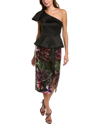 Shop Marchesa Notte Peplum Midi Dress In Black