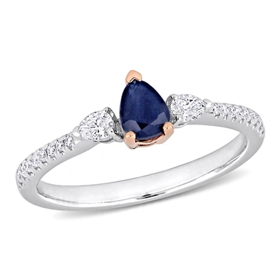 Shop Mimi & Max 1/2 Ct Tgw Pear Shape Sapphire And 1/4 Ct Tw Diamond 3-stone Ring In 2-tone 14k White & Rose Gold In Blue