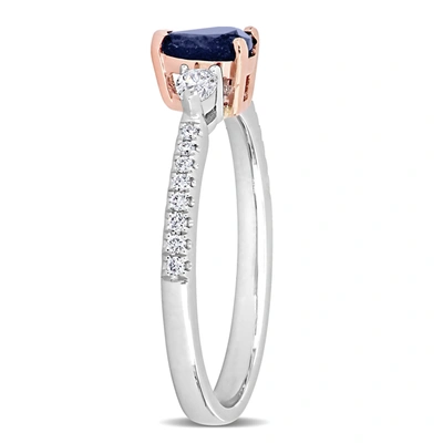 Shop Mimi & Max 1/2 Ct Tgw Pear Shape Sapphire And 1/4 Ct Tw Diamond 3-stone Ring In 2-tone 14k White & Rose Gold In Blue