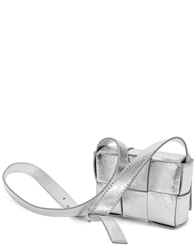 Shop Tiffany & Fred Mini Woven Metallic Leather Crossbody In Silver