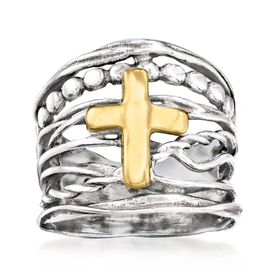 Ross-simons Sterling Silver And 14kt Yellow Gold Multi-row Cross Ring In Silver