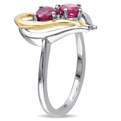 Mimi & Max 1 1/6ct Tgw Created Ruby And Diamond Double Heart Ring In 2-tone Yellow And White Sterling Silver In Red