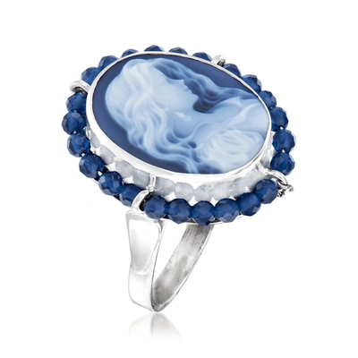 Ross-simons Italian Black Agate Cameo Ring With Blue Spinel In Sterling Silver