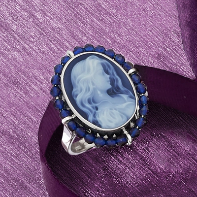 Ross-simons Italian Black Agate Cameo Ring With Blue Spinel In Sterling Silver