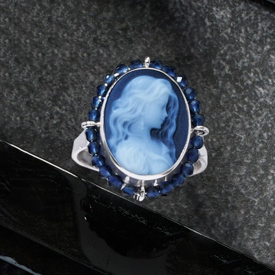 Ross-simons Italian Black Agate Cameo Ring With Blue Spinel In Sterling Silver