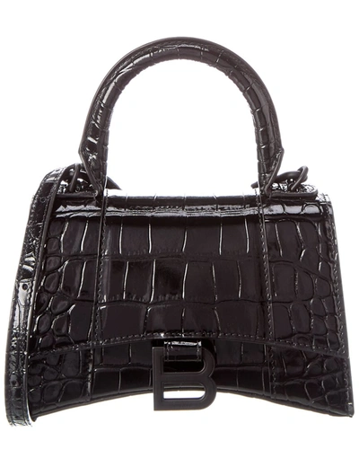 Shop Balenciaga Hourglass Xs Croc-embossed Leather Top Handle Satchel In Black