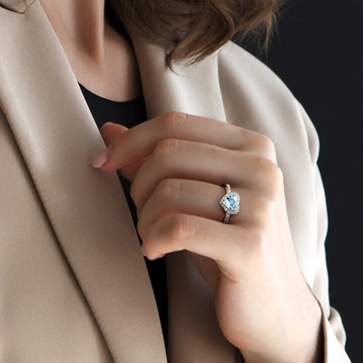 Mimi & Max 1/10ct Tdw Diamond And Aquamarine Heart Halo Ring In Sterling Silver In Blue