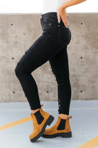 JUDY BLUE INTO THE WILD DISTRESSED SKINNY JEANS IN BLACK DENIM 