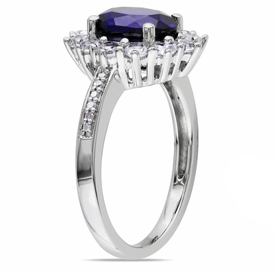 Mimi & Max 4 Ct Tgw Created Blue And White Sapphire And 0.05 Ct Tw Diamond Halo Ring In Sterling Silver