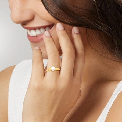 Canaria Fine Jewelry Canaria 6-7mm Cultured Button Pearl Ribbed Ring In 10kt Yellow Gold In Silver
