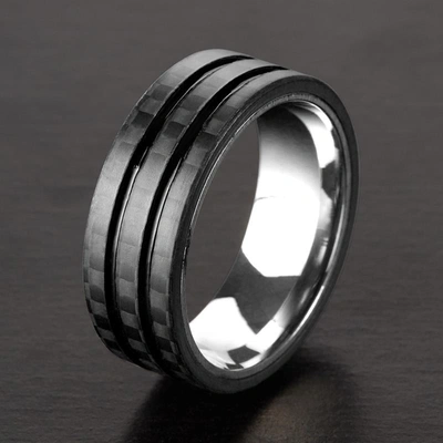 Shop Crucible Jewelry Crucible Los Angeles Men's Stainless Steel Carbon Fiber Dual Grooved Comfort Fit Ring In Black