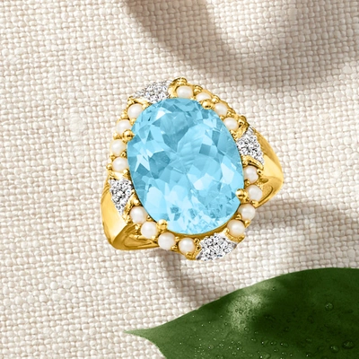 Shop Ross-simons Sky Blue Topaz, Seed Pearl And . Diamond Ring In 18kt Gold Over Sterling