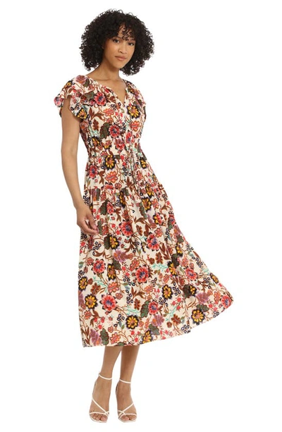 Shop Maggy London Ruffle Sleeve Midi Dress In Cream/ Coral