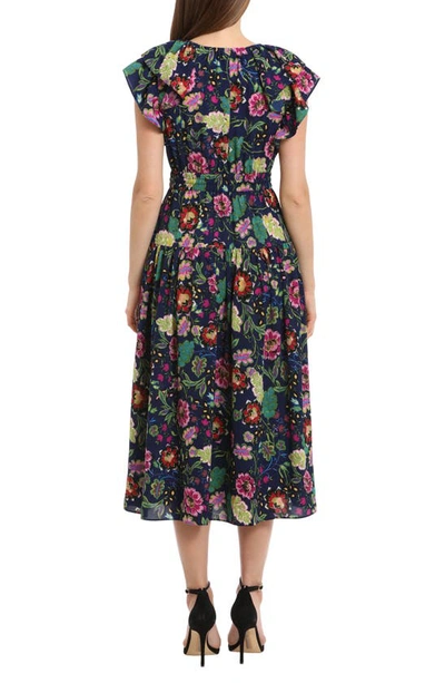 Shop Maggy London Ruffle Sleeve Midi Dress In Navy/ Lilac