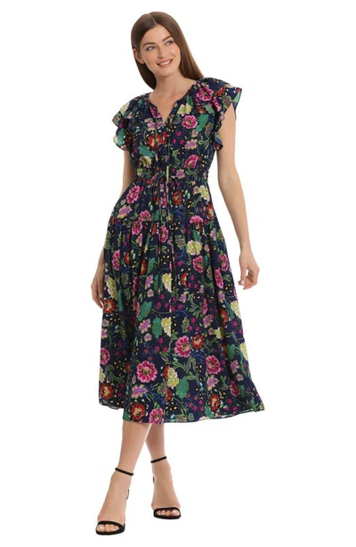Shop Maggy London Ruffle Sleeve Midi Dress In Navy/ Lilac