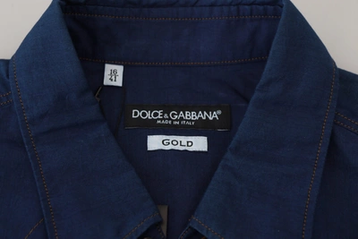 Shop Dolce & Gabbana Blue Denim Cotton Slim Fit Gold Men's Shirt
