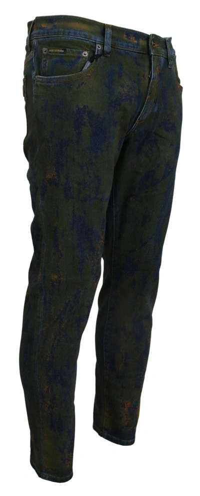 Shop Dolce & Gabbana Blue Green Skinny Cotton Denim Men's Jeans