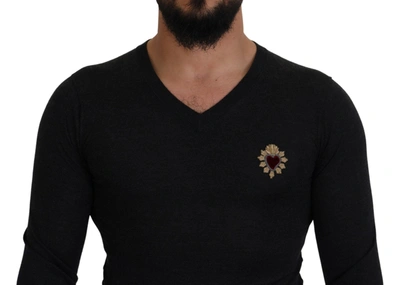 Shop Dolce & Gabbana Gray Cashmere V-neck Gold Heart Men's Sweater