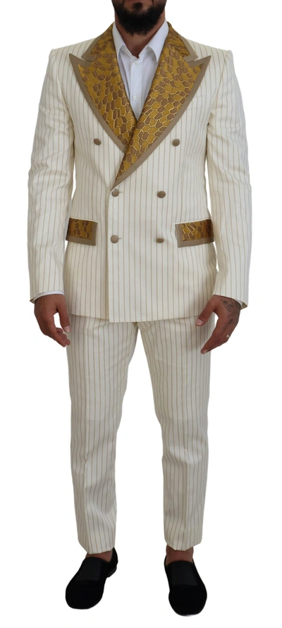 Shop Dolce & Gabbana Off White Gold Striped Tuxedo Slim Fit Men's Suit