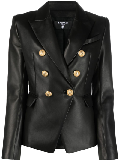 Shop Balmain Double-breasted Leather Blazer - Women's - Cotton/lamb Skin/viscose In Black