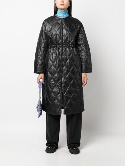 Ganni Diamond-quilted Zip-up Raincoat In Black