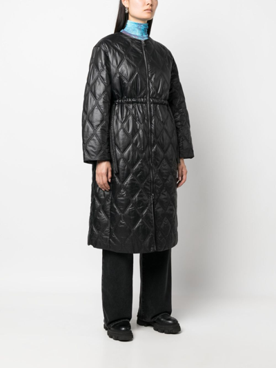 Ganni Diamond-quilted Zip-up Raincoat In Black