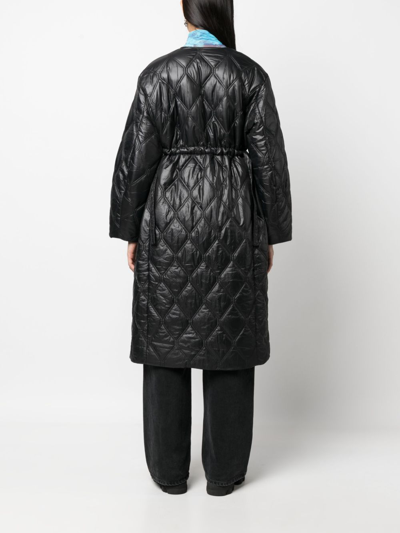 Ganni Diamond-quilted Zip-up Raincoat In Black