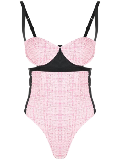 Shop Gcds Sequin-embellished Tweed Bodysuit In Pink