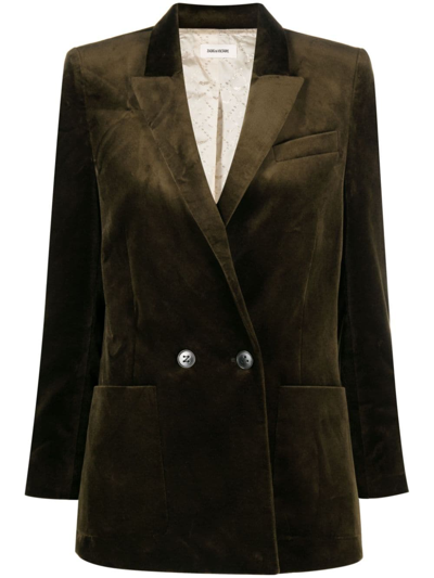 Zadig & Voltaire Double-breasted Velvet Blazer In Green