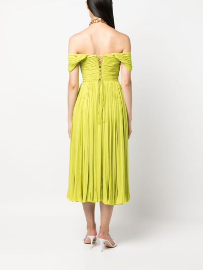 Shop Ana Radu Off-shoulder Pleated Midi Dress In Green