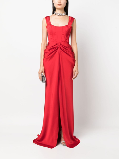 Shop Ana Radu Ruched Flared Gown In Red