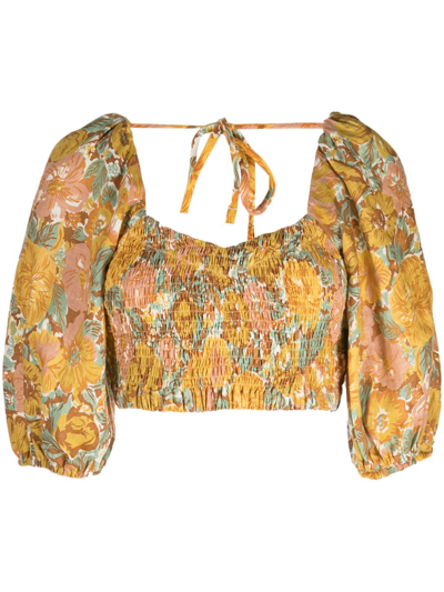 Shop Faithfull The Brand Alejandra Floral-print Linen Crop Top In Yellow