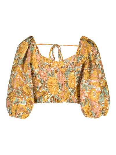 Shop Faithfull The Brand Alejandra Floral-print Linen Crop Top In Yellow