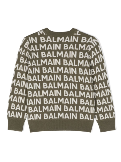 Shop Balmain Logo-intarsia Knitted Jumper In Green