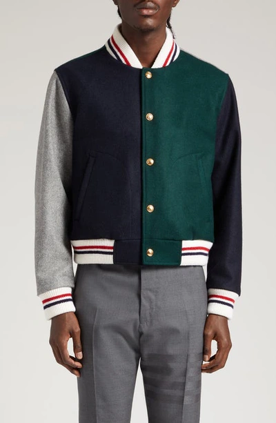 Shop Thom Browne Fun-mix Wool Flannel Varsity Jacket In Dark Green