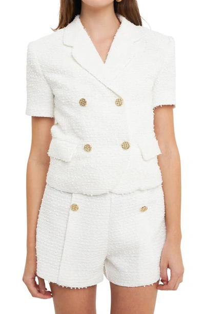 Endless Rose Short-sleeve Double-breasted Tweed Blazer Jacket In White
