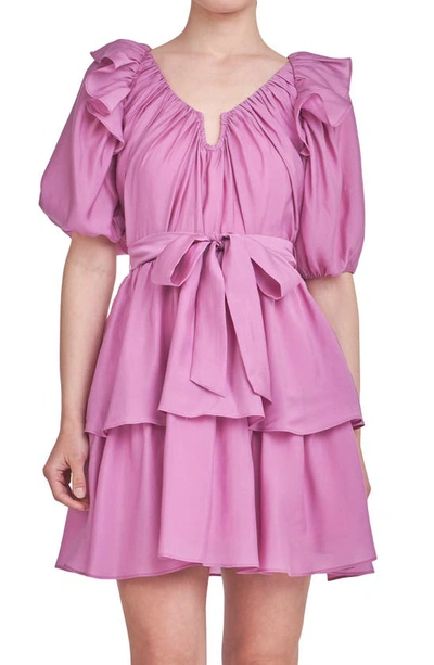 Shop Endless Rose Ruffle Tie Waist Puff Sleeve Tiered Minidress In Orchid
