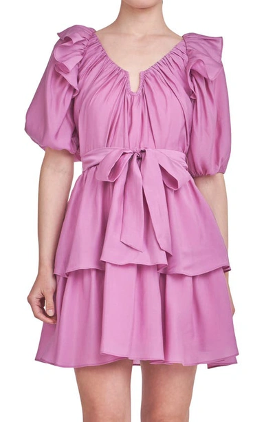 Endless Rose Ruffle Tie Waist Puff Sleeve Tiered Minidress In Orchid
