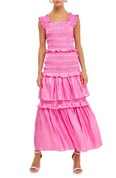 Shop Endless Rose Sheer Smocked Tiered Maxi Dress In Pink